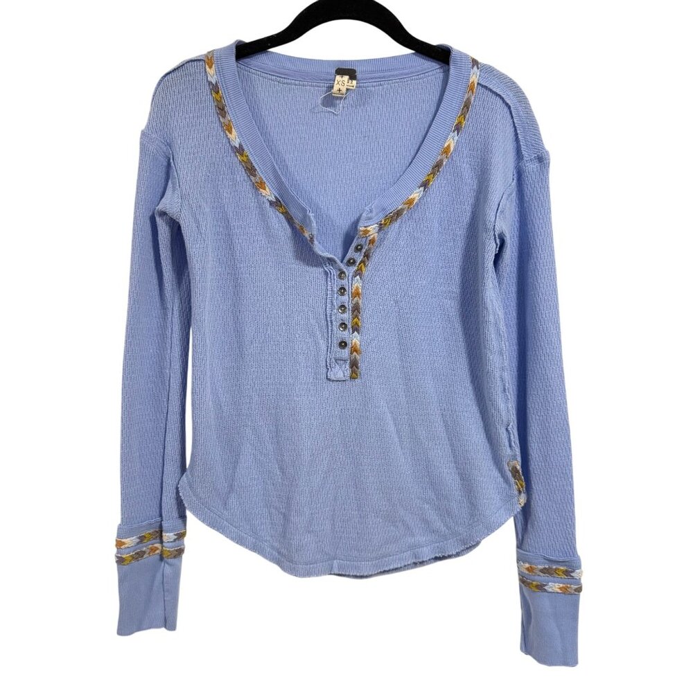Free People We the Free Rainbow Embroidered Thermal Long Sleeve Blue Top Size XS